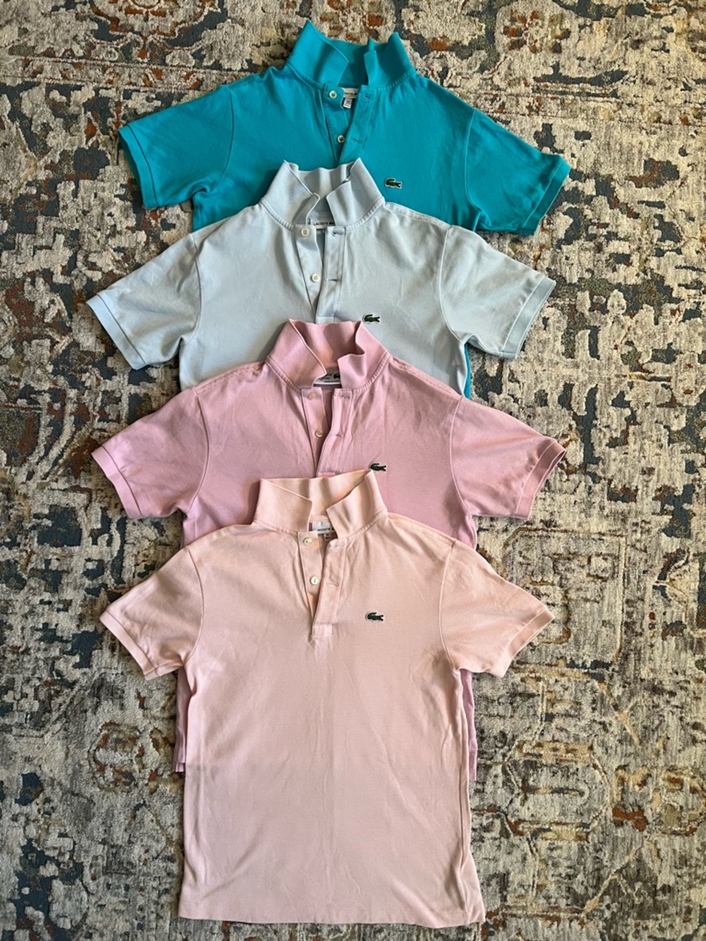 PREPPY LOT OF 4 KIDS LACOSTE PIQUE POLO SHIRTS PINK LAVENDER BLUE AQUA SIZE 12